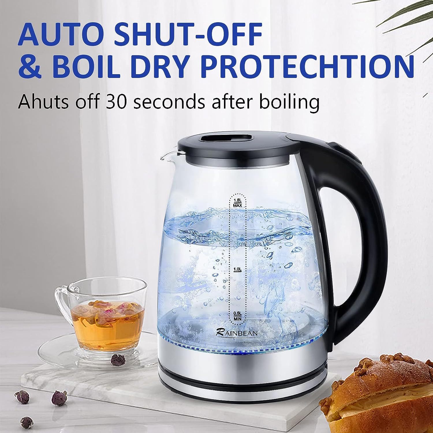 Electric Kettle Water Boiler, 1.8L Electric Tea Kettle, Wide Opening Hot Water Boiler With LED Light, Auto Shut-Off &amp; Boil Dry Protection, Glass Black