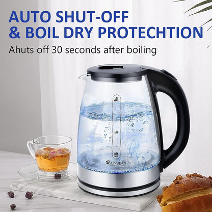 Electric Kettle Water Boiler, 1.8L Electric Tea Kettle, Wide Opening Hot Water Boiler With LED Light, Auto Shut-Off &amp; Boil Dry Protection, Glass Black