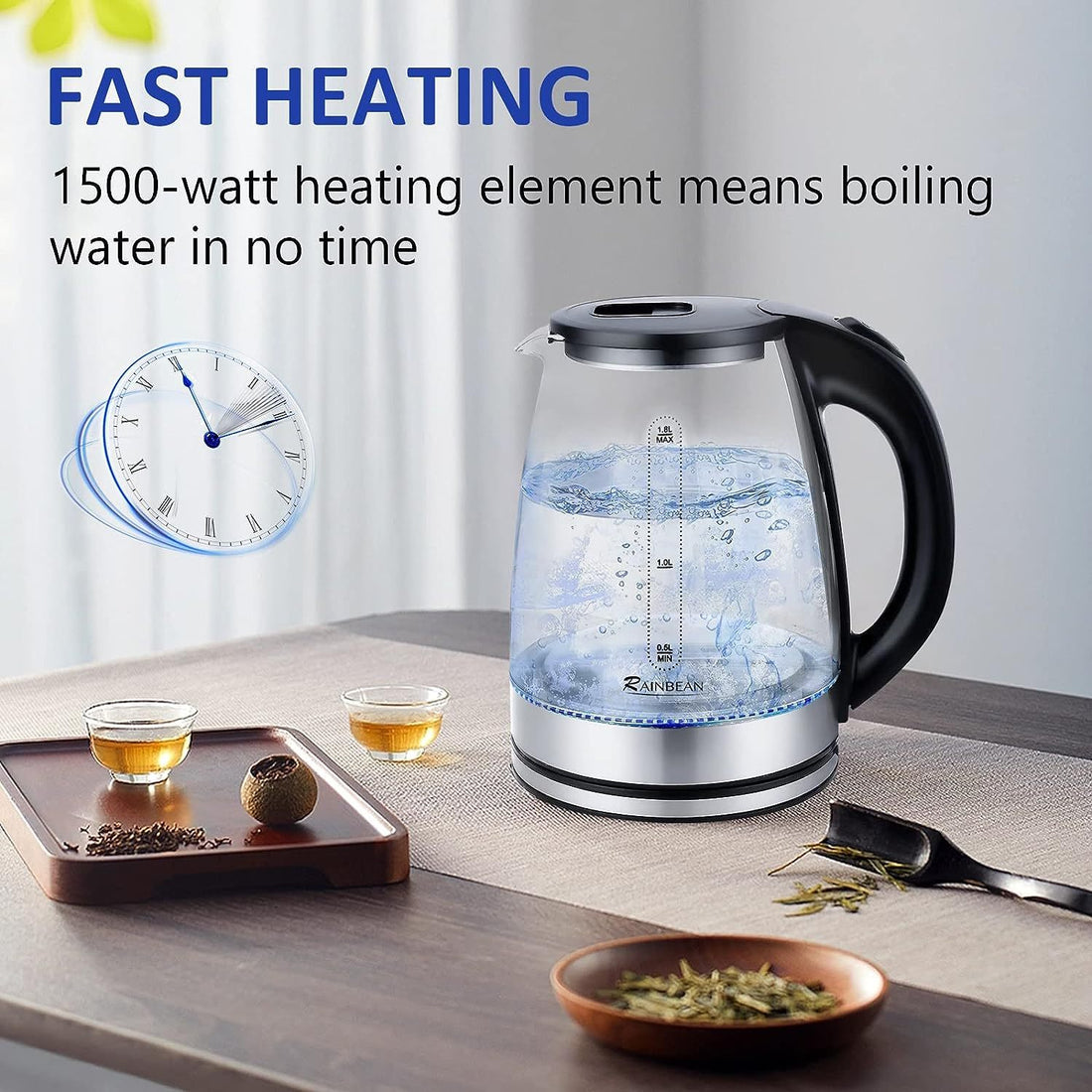 Electric Kettle Water Boiler, 1.8L Electric Tea Kettle, Wide Opening Hot Water Boiler With LED Light, Auto Shut-Off &amp; Boil Dry Protection, Glass Black