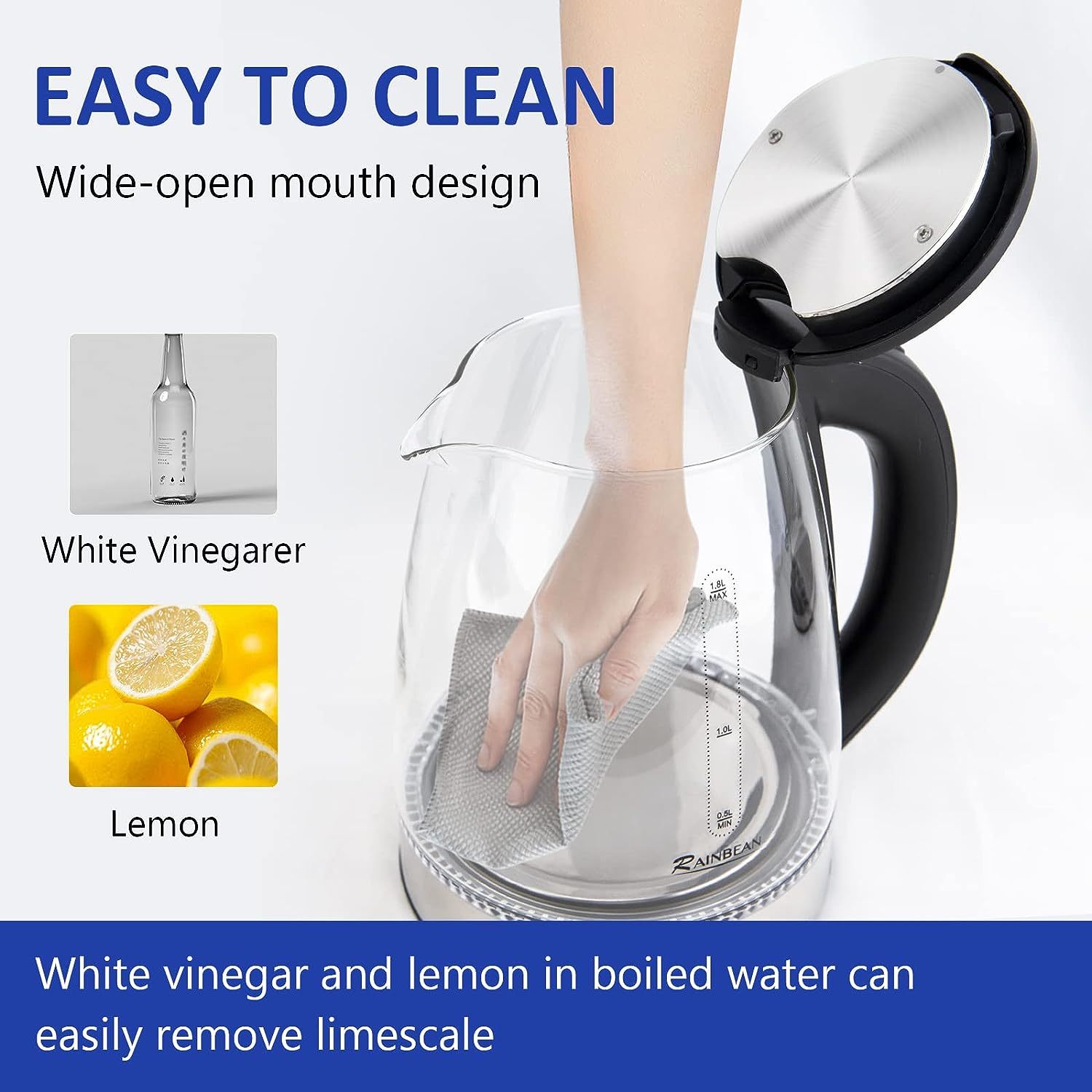 Electric Kettle Water Boiler, 1.8L Electric Tea Kettle, Wide Opening Hot Water Boiler With LED Light, Auto Shut-Off &amp; Boil Dry Protection, Glass Black