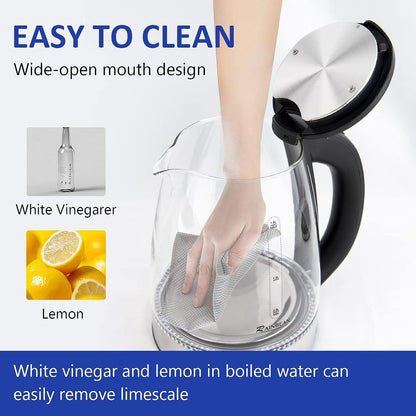 Electric Kettle Water Boiler, 1.8L Electric Tea Kettle, Wide Opening Hot Water Boiler With LED Light, Auto Shut-Off &amp; Boil Dry Protection, Glass Black